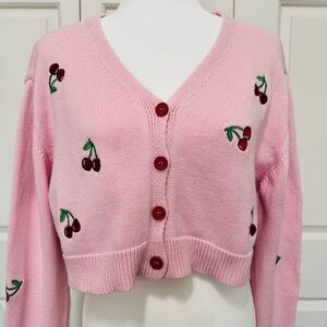 Minga London Pink Cherry Embroidered Crop Cardigan 100% Cotton M